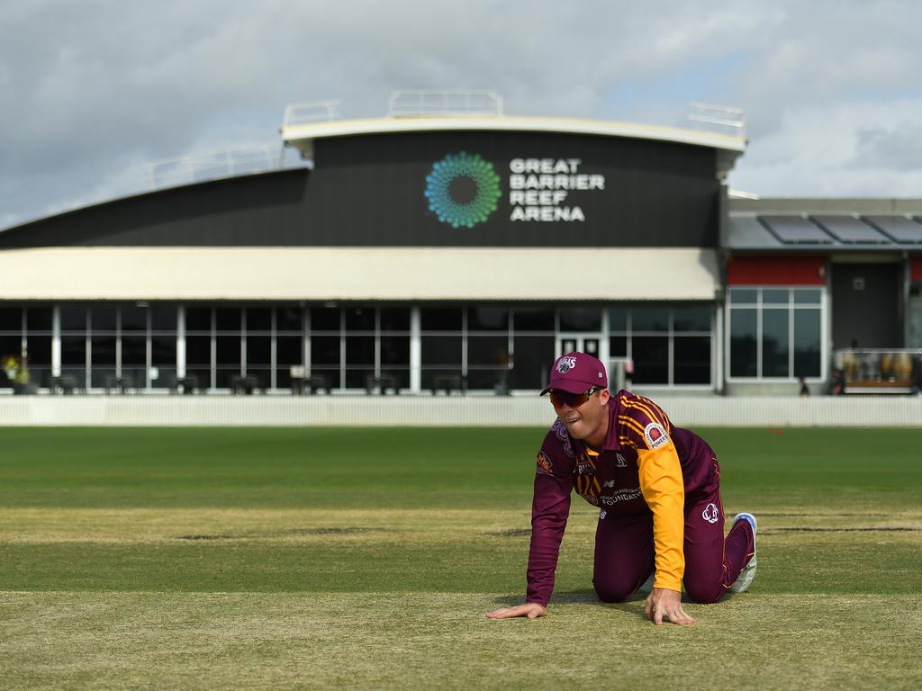 Jimmy Peirson of Queensland inspects the pitch ahead of the Marsh One Day Cup match between Queensland and Victoria at Great Barrier Reef Arena. (Photo by Albert Perez/Getty Images)