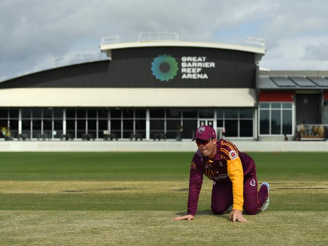 Jimmy Peirson of Queensland inspects the pitch ahead of the Marsh One Day Cup match between Queensland and Victoria at Great Barrier Reef Arena. (Photo by Albert Perez/Getty Images)