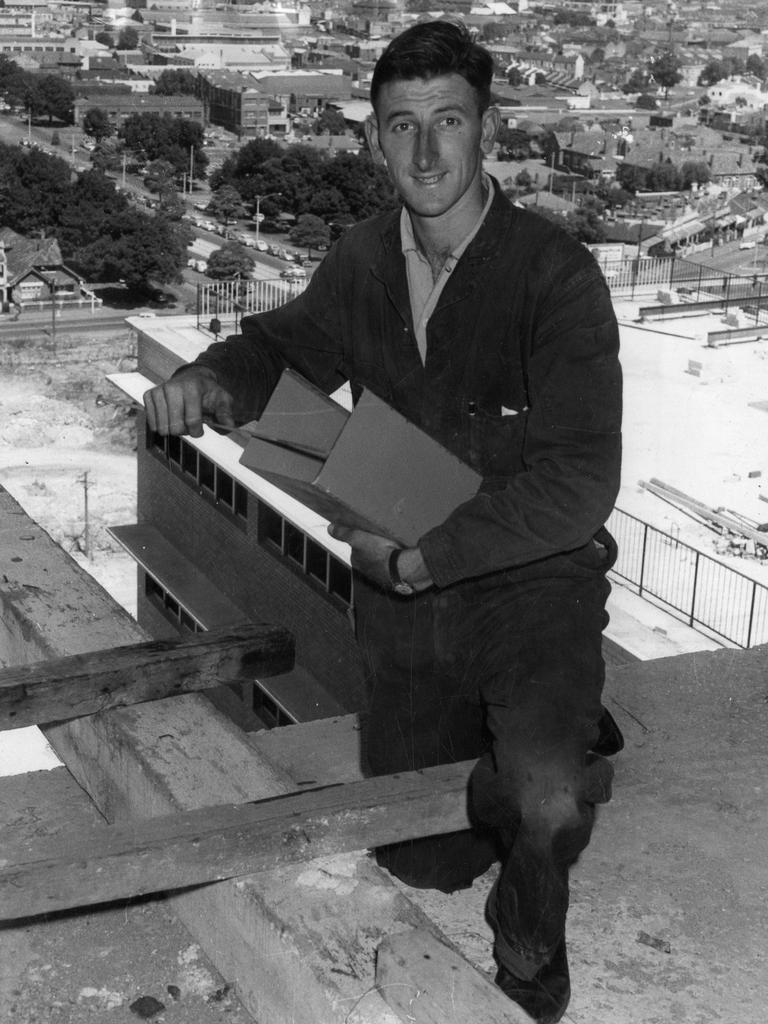 Lawry at work as a plumber on the 13th floor of the Royal Children’s Hospital building in 1961.