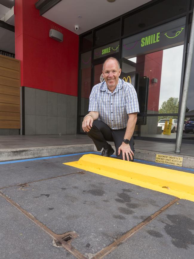 Campbelltown McDonald’s licensee Peter Meadows at the entrance of the underground basement. Picture: Matthew Vasilescu.