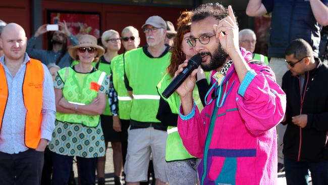 Greens councillor Jonathan Sri leads a blockade at West End last year, highlighting the need for traffic lights and more pedestrian safety in the area. Picture: Liam Kidston.