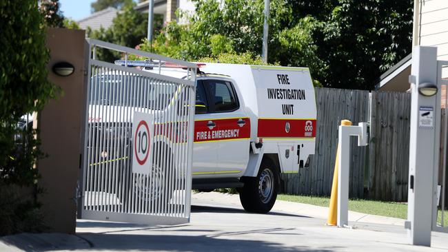 The scene in Browns Plains on Tuesday where two bodies were discovered in a unit fire. Picture: Nigel Hallett