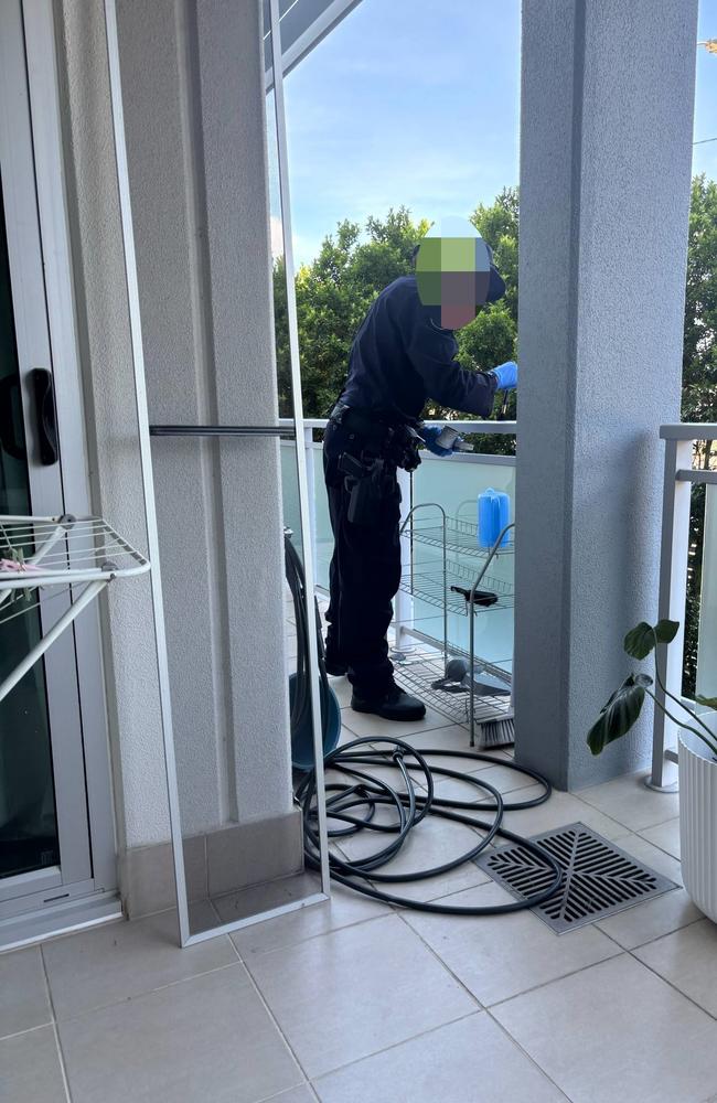 A Townsville Police officer surveys the route youth offenders allegedly used to gain access to an upmarket apartment complex in the early hours of Mother’s Day on Sunday. Picture: Supplied
