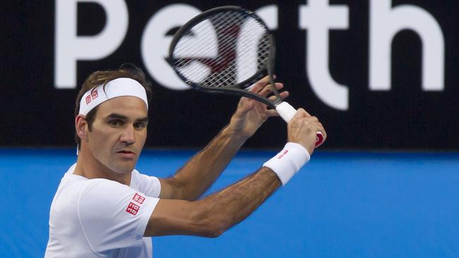 Roger Federer practises in Perth for the Hopman Cup. Picture: AFP