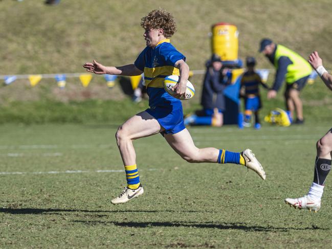 Myles Rosemond breaks away to try for Toowoomba Grammar School 1st XV against Ipswich Grammar School 1st XV in GPS Queensland Rugby round two at TGS Old Boys Oval, Saturday, July 20, 2024. Picture: Kevin Farmer