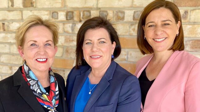 The LNP's new candidate for Gaven Kirsten Jackson (centre) pictured with Ros Bates and LNP leader Deb Frecklington. Photo: Facebook