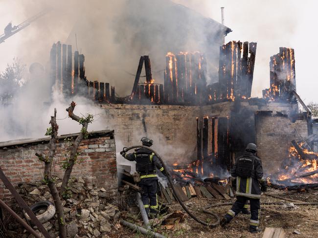 POKROVSK, UKRAINE - NOVEMBER 10: Ukrainian firefighters respond to an artillery strike on November 10, 2024 in Pokrovsk, Ukraine. In one of his nightly addresses this week, Ukrainian President Volodymyr Zelensky said that the area around Pokrovsk was 