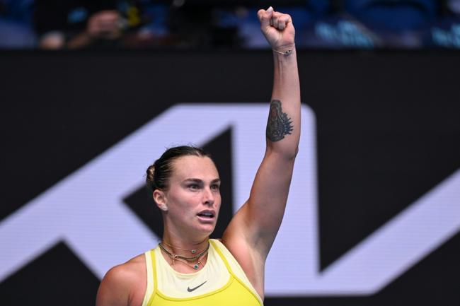 Belarus' Aryna Sabalenka celebrates victory against Spain's Jessica Bouzas Maneiro