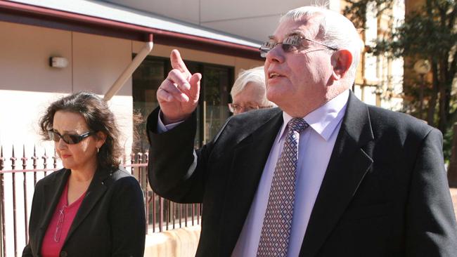 Milton’s daughter Sophie Orkopoulos with former Swansea MP Don Bowman after the ex NSW minister’s sentencing in Newcastle.