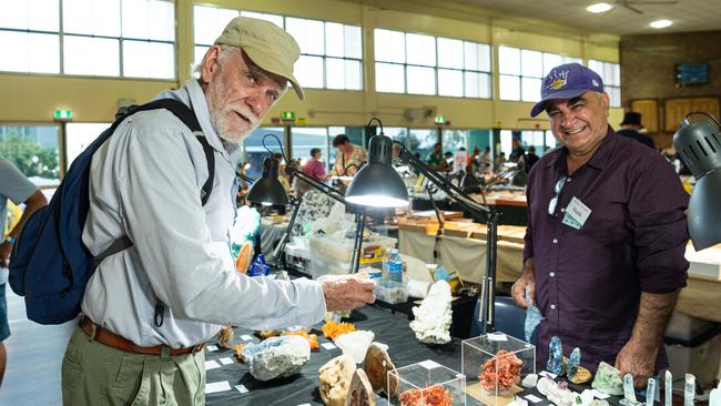 Gemfest customer John Hayward (left) at the Rameen Minerals stall with owner Hayat Malik of Sydney. Gemfest is hosted by Toowoomba Lapidary Club at Centenary Heights State High School, Saturday, October 19, 2024. Picture: Kevin Farmer