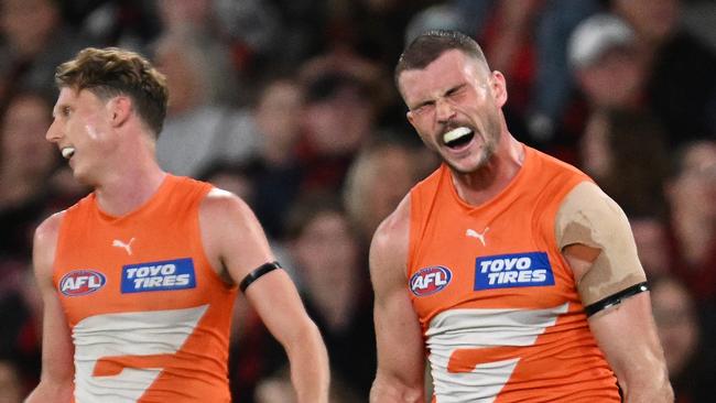 MELBOURNE, AUSTRALIA - MAY 11: Kieren Briggs of the Giants reacts during the round nine AFL match between Essendon Bombers and Greater Western Sydney Giants at Marvel Stadium, on May 11, 2024, in Melbourne, Australia. (Photo by Daniel Pockett/AFL Photos/via Getty Images)