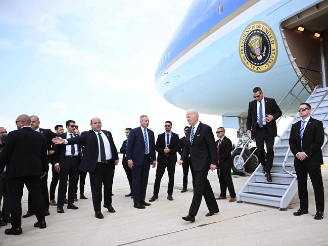 US President Joe Biden disembarks upon his arrival at Tel Aviv.