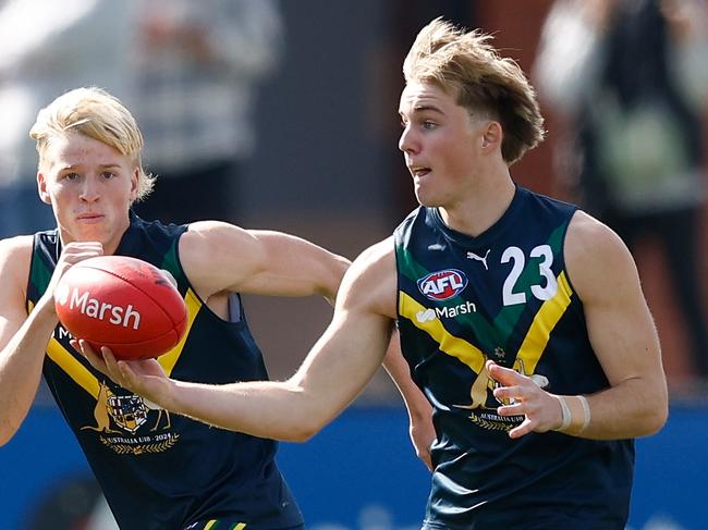 MELBOURNE, AUSTRALIA - APRIL 27: Tom Gross of the AFL Academy in action during the 2024 AFL Academy match between the Marsh AFL National Academy Boys and Footscray Bulldogs at Whitten Oval on April 27, 2024 in Melbourne, Australia. (Photo by Michael Willson/AFL Photos via Getty Images)