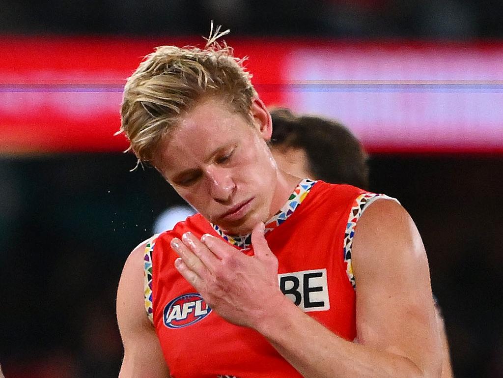 MELBOURNE, AUSTRALIA - JULY 07: Isaac Heeney of the Swans reacts following the round 17 AFL match between St Kilda Saints and Sydney Swans at Marvel Stadium, on July 07, 2024, in Melbourne, Australia. (Photo by Morgan Hancock/AFL Photos/via Getty Images)