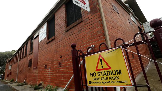 Sign protesting over development plans for a new stadium on Tuesday, July 16, 2019, in Malvern East, Victoria, Australia. Picture: Hamish Blair