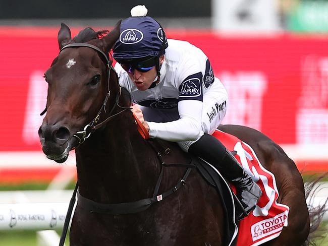 SYDNEY, AUSTRALIA - JANUARY 27: Josh Parr riding Amor Victorious wins Race 9 Toyota Forklifts  during Sydney Racing at Royal Randwick Racecourse on January 27, 2024 in Sydney, Australia. (Photo by Jeremy Ng/Getty Images)