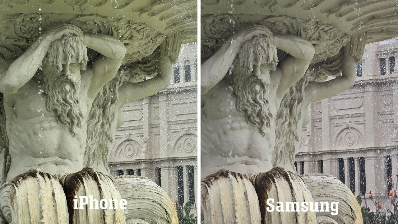When it came to this pic of a fountain, the Samsung had more definition on the statue’s chest and belly and the flowers in the background are over sharpened, but the iPhone has better definition on the water droplets. Picture: Supplied