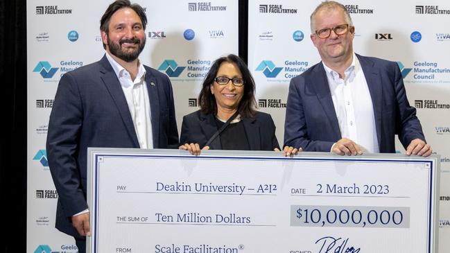 Scale Facilitation’s James Fatone handed a $10m donation to Applied Artificial Intelligence Institute co-director Svetha Venkatesh and Deakin vice-chancellor Professor Iain Martin in March.