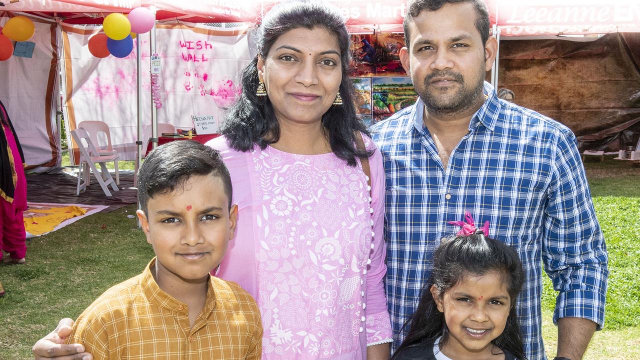 (from left) Siddha, Aadya, Subhadra and Satya Marella. Krishna Janmashtami celebrations in Toowoomba Civic Square. Sunday, August 28, 2022. Picture: Nev Madsen.