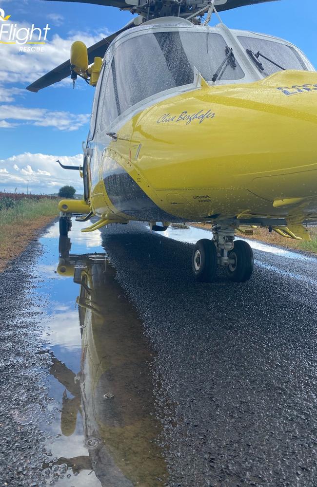 A man in his 60s has been flown to hospital after he was left trapped by heavy machinery on a farm near Dalby. Photo/RACQ Lifeflight