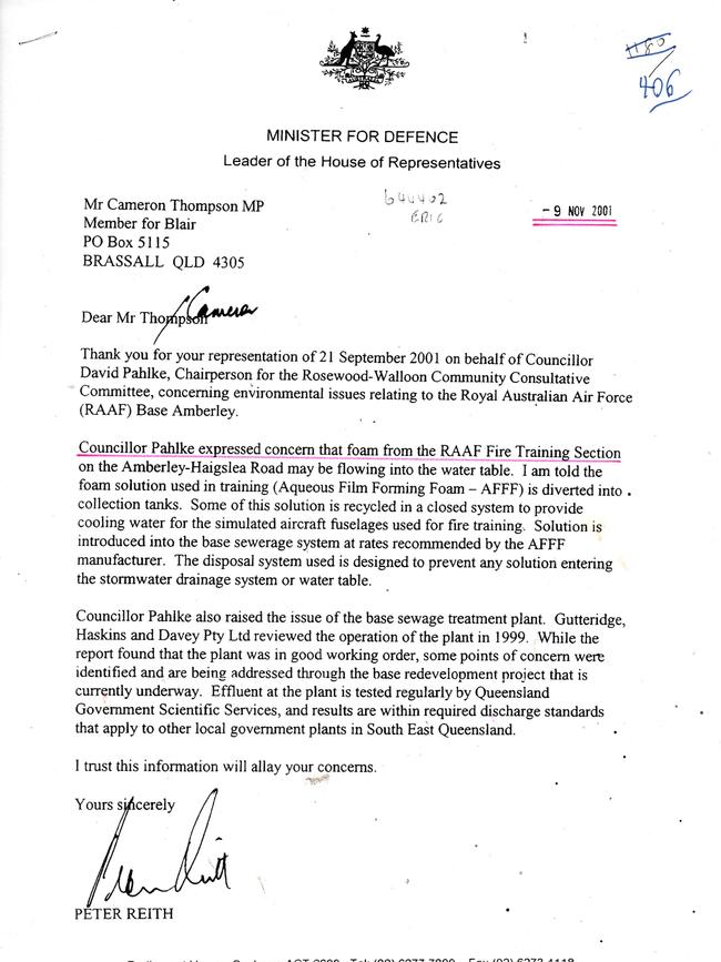 Letter from Defence Minister Peter Reith to Blair MP Cameron Thompson from 2001.