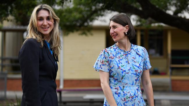 New South Wales Premier Gladys Berejiklian is seen with sister Mary (left) during a visit to Penrith Public School in Penrith, Sydney, Thursday, 21 March 2019. New South Wales voters will head to the polls in the state election Saturday, March 23rd. (AAP Image/Dean Lewins) NO ARCHIVING