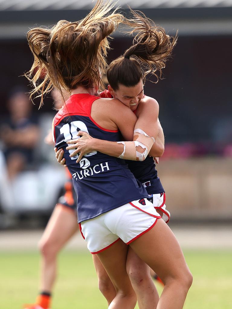 Kate Hore and Mithen celebrate after the goal. Picture: Phil Hillyard