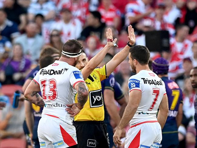 BRISBANE, AUSTRALIA - MAY 16: Josh McGuire of the Dragons is sent to the sin bin during the round 10 NRL match between the Melbourne Storm and the St George Illawarra Dragons at Suncorp Stadium, on May 16, 2021, in Brisbane, Australia. (Photo by Bradley Kanaris/Getty Images)