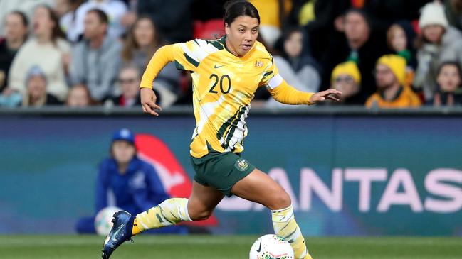 Matildas star Sam Kerr in action at Hindmarsh Stadium, which has been earmarked to host games in the 2023 Women’s World Cup bid. Picture: AAP Image/James Elsby