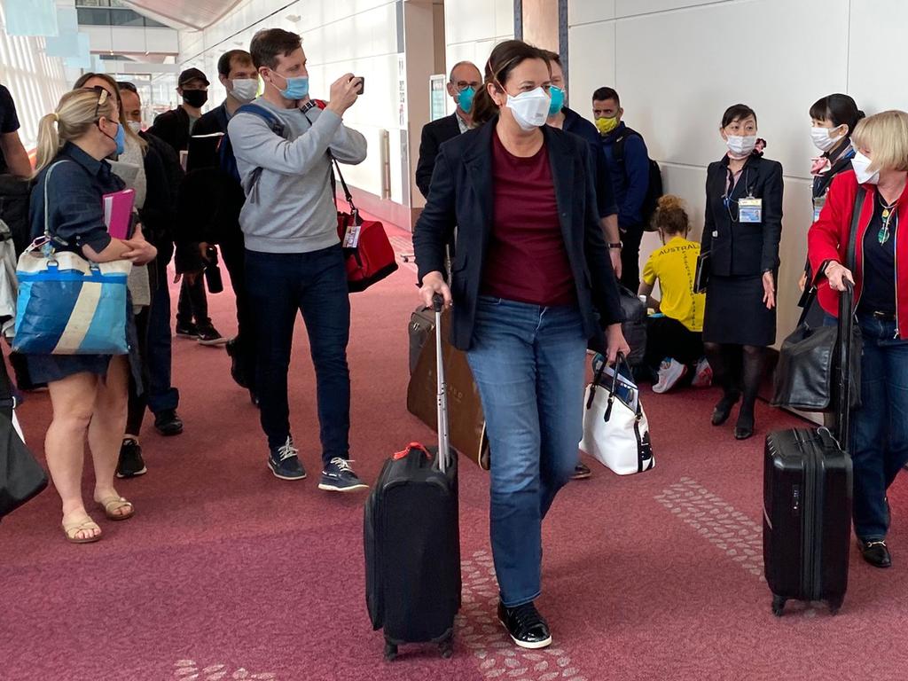 This was the moment Queensland’s bid was fait accompli. Premier Annastacia Palaszczuk arrives at Haneda Airport ahead of the 2020 Tokyo Olympic Games. (Photo by Getty Images)