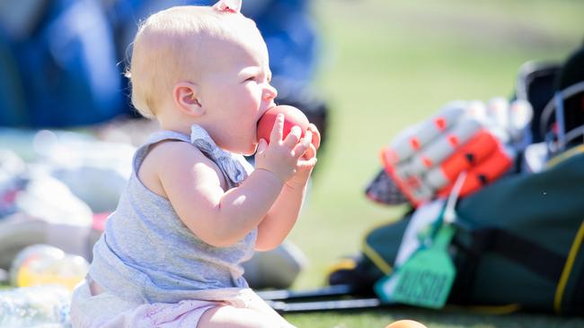 Matthew Wade’s daughter Winter enjoys an unusual Christmas snack. Picture: Stuart Walmsley