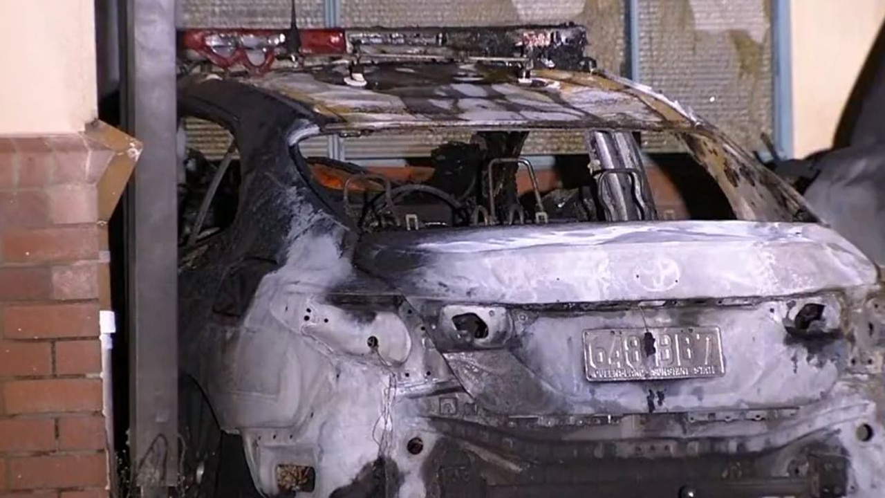 A crime scene has been declared at the Lowood Police Station after several police cars and part of a carport were damaged by fire. Picture: 9 News