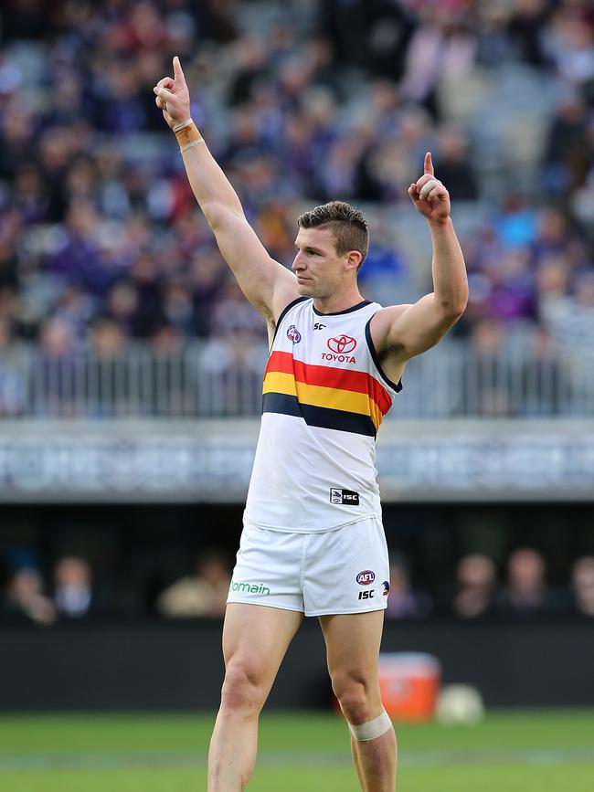 Crows Josh Jenkins celebrates a goal against Fremantle. Picture: Paul Kane/Getty