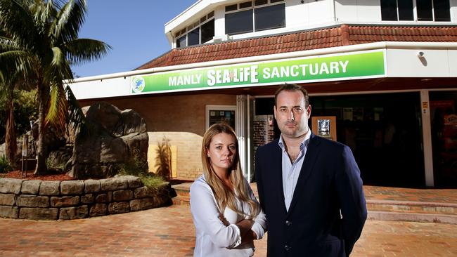 Operations manager Ashley Hayes, and divisional director of Merlin Entertainments Australia and NZ, Rob Smith, outside the iconic Manly Sea Life Sanctuary. Picture: Troy Snook