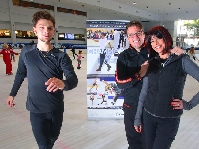 Brendan Kerry with his mother Monica MacDonald and her husband John Dunn at Macquarie Ice Rink