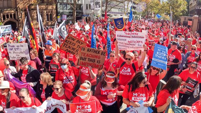 School teachers march along Macquarie St in the Sydney CBD on Wednesday. Picture: Getty Images