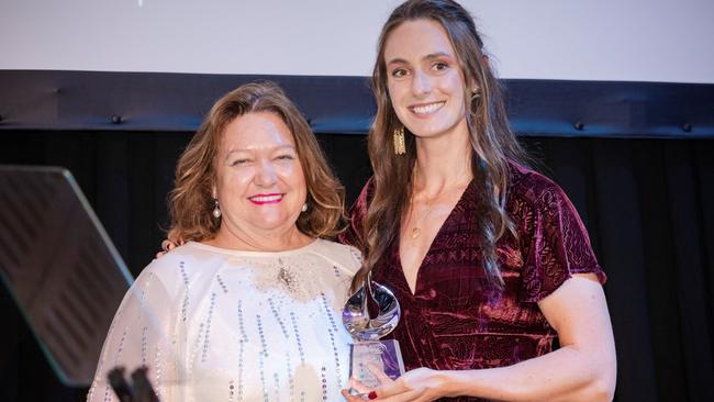 **ATTENTION FOR GLENN McFARLANE ROWING FEATURE* Mining billionaire Gina Rinehart with Australian rower Jessica Morrison, who won the Gina Leadership award in 2019. Picture: SUPPLIED/ROWING AUSTRALIA