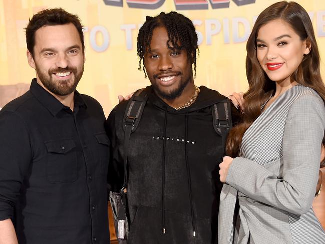 Jake Johnson (Peter Parker), Shameik Moore (Miles Morales) and Hailee Steinfeld (Spider-Gwen) are three diverse iterations of Spider-Man in Spider-Man: Into The Spider-Verse. Picture: Gregg DeGuire/Getty Images