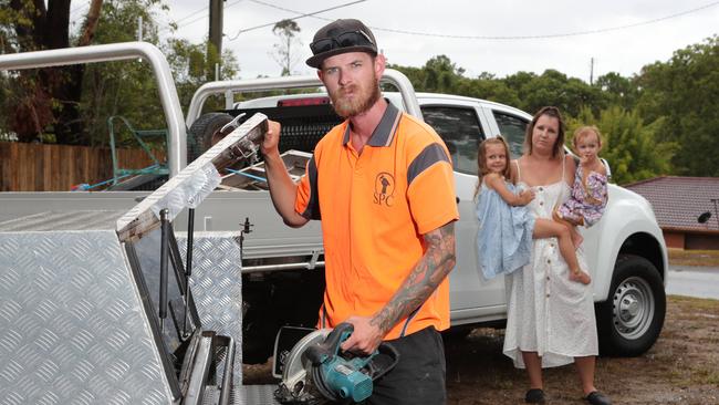 Steve Purcell with wife Bianca and kids Hadlee (3) and Cypress (2) at their Nerang home. Picture: Glenn Hampson