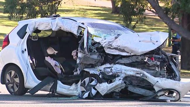 The scene of a car accident that took place on Saturday night where Rhys Bellinge was driving a Jaguar sedan that crashed into a Honda Jazz on Birdwood Parade in Dalkeith. Picture: ABC News