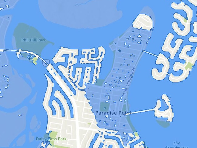 Gold Coast Council mapping showing projected flood levels from Cyclone Alfred. Paradise Point. Sovereign and Ephraim Islands