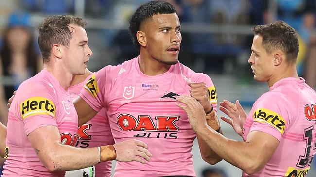 GOLD COAST, AUSTRALIA - APRIL 29: Dylan Edwards of the Panthers celebrates a try during the round 8 NRL match between the Titans  and the Panthers at Cbus Super Stadium, on April 29, 2022, in Gold Coast, Australia. (Photo by Chris Hyde/Getty Images)