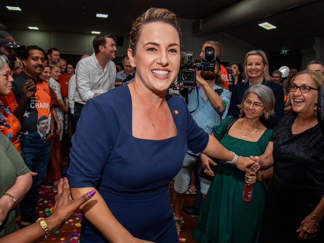 Country Liberal Party leader Lia Finocchiaro arrives to cheers after her party's 2024 Northern Territory election win. Picture: Pema Tamang Pakhrin