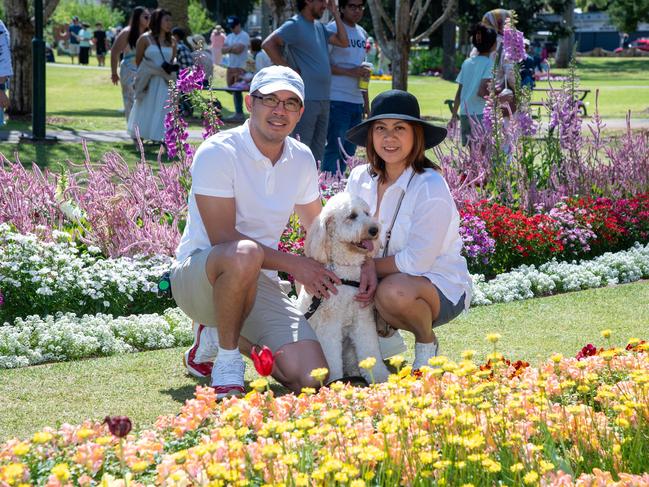 Mac and Anna Sta Maria with Marley in Queens Park for the Carnival of Flowers, Sunday, September 22, 2024. Picture: Bev Lacey