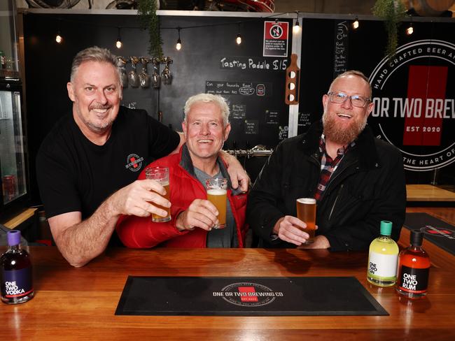 Embargoed for The Daily Telegraph 9.6.2024 Gary Sienkiewicz, Damian Meehan and Christopher Evans pictured at One or Two Brewing Co in Dubbo. The friends have started there own brewing business. Picture: Rohan Kelly