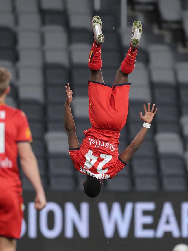 Adelaide’s Pacifique Niyongabire celebrates his second-half goal against Perth Glory. Picture: Getty Images