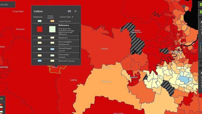 Cancer Atlas showing melanoma rates in SE QLD