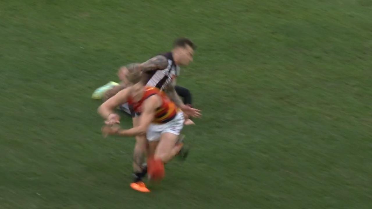 The AFL has conceded Jordan Dawson should've received a free kick in this last-second incident.