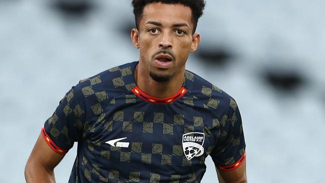 SYDNEY, AUSTRALIA - JANUARY 06: Ben Folami of Adelaide United warms up before the round 12 A-League Men match between Macarthur FC and Adelaide United at Campbelltown Stadium on January 06, 2025, in Sydney, Australia. (Photo by Matt Blyth/Getty Images)