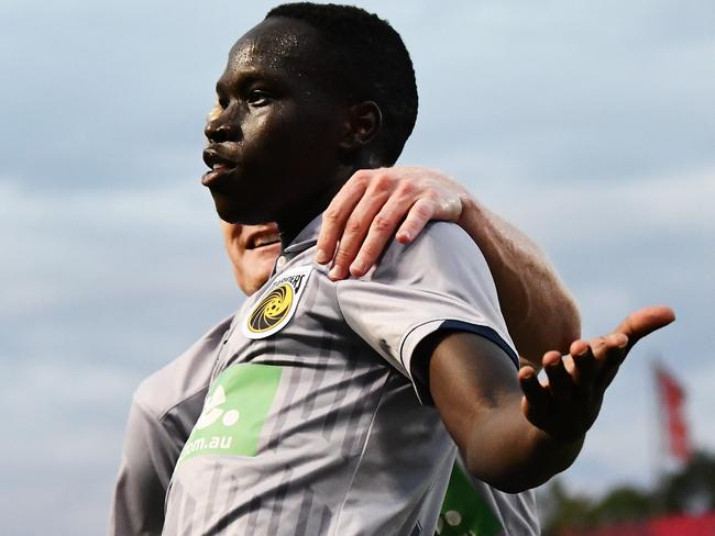 ADELAIDE, AUSTRALIA - FEBRUARY 19:  Alou Kuol of the Mariners celebrates after scoring his teams second goal during the A-League match between Adelaide United and the Central Coast Mariners at Coopers Stadium, on February 19, 2021, in Adelaide, Australia. (Photo by Mark Brake/Getty Images)